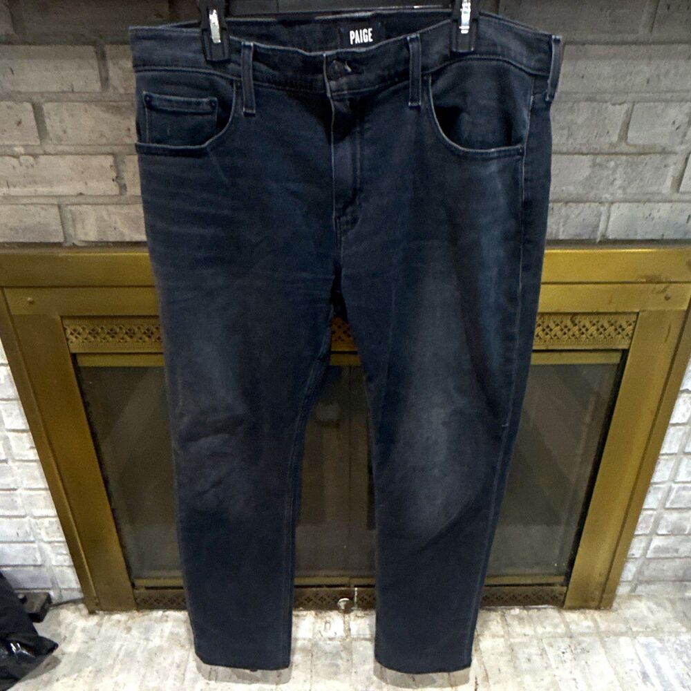 PAIGE Men's Black Dark Wash Denim Jeans Slim Fit Straight Stretch 5-Pocket